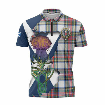 Dennistoun Tartan Family Crest Zipper Polo Shirt Scottish Thistle Celtic Inspired Unisex - Tartan Vibes Clothing