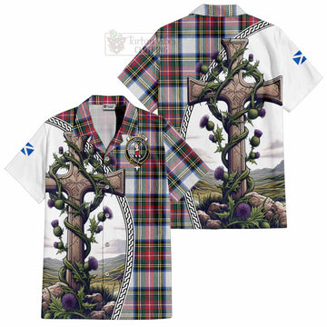 Dennistoun Tartan Hawaiian Shirt with Family Crest and St. Andrew's Cross Accented by Thistle Vines Kid - Tartan Vibes Clothing