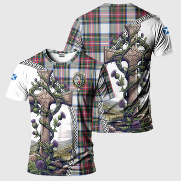 Dennistoun Tartan T-Shirt with Family Crest and St. Andrew's Cross Accented by Thistle Vines Kid's Shirt - Tartan Vibes Clothing