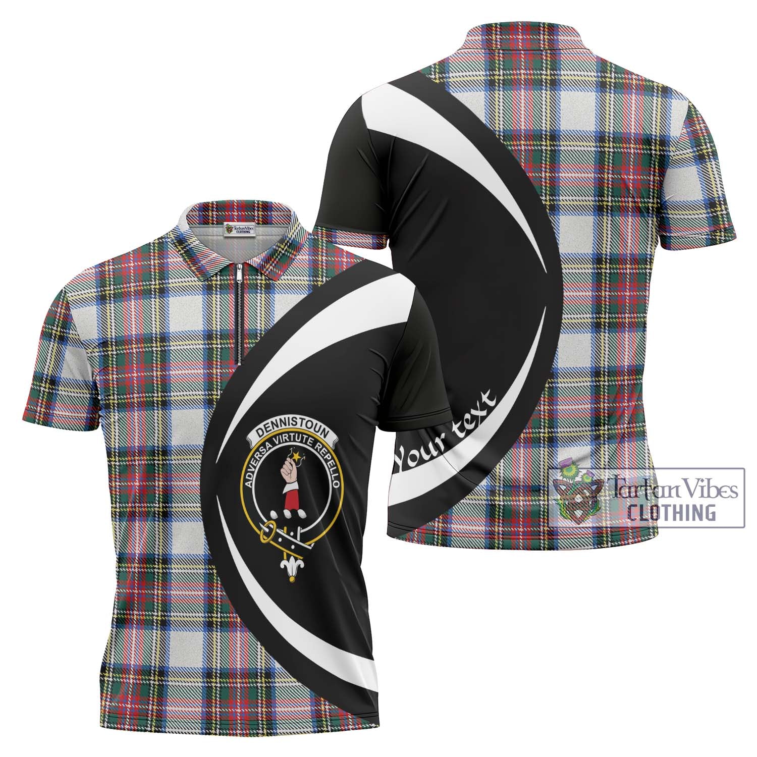 Dennistoun Tartan Zipper Polo Shirt with Family Crest Circle Style Unisex - Tartan Vibes Clothing