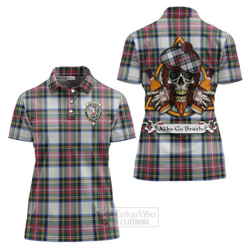 Dennistoun Tartan Women's Polo Shirt with Family Crest and Bearded Skull Holding Bottles of Whiskey Women - Tartan Vibes Clothing