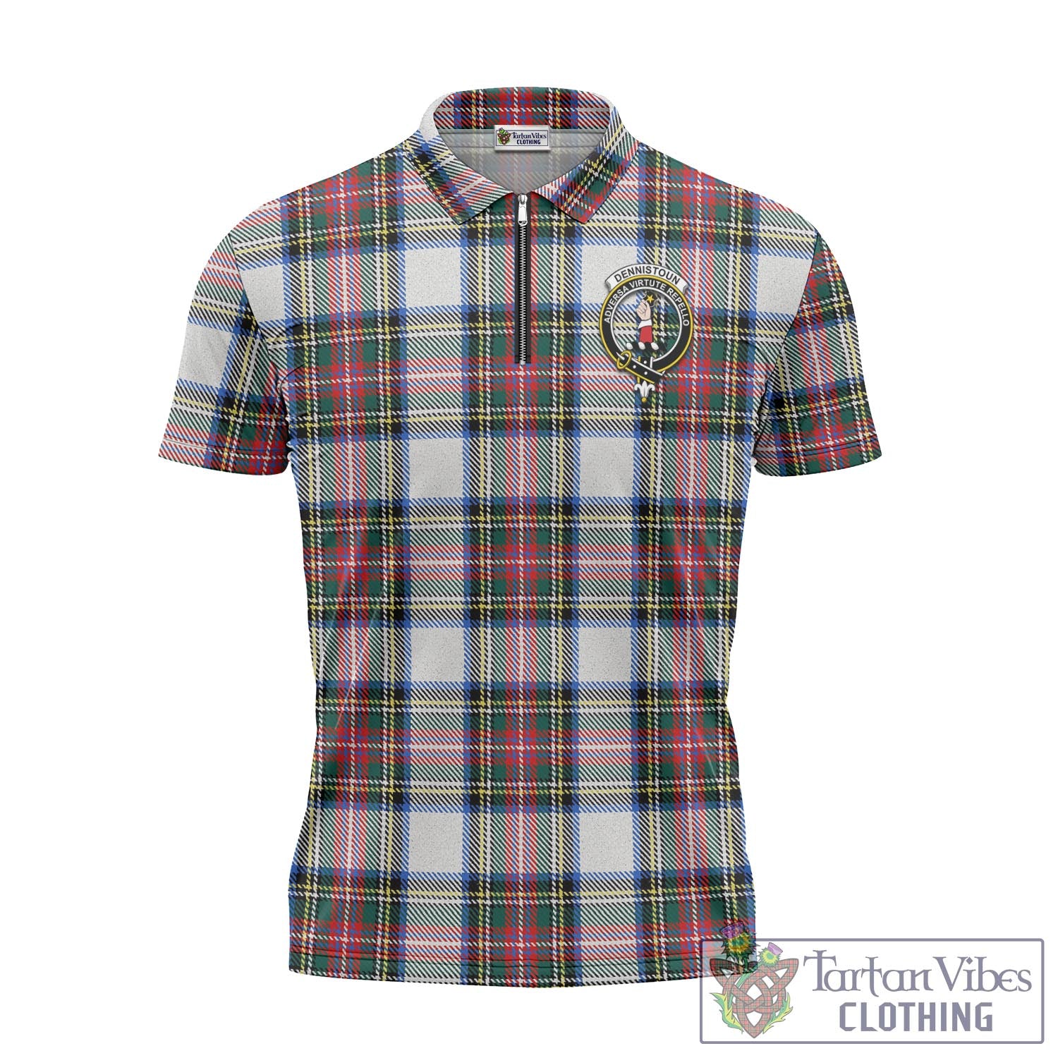 Dennistoun Tartan Zipper Polo Shirt with Family Crest Unisex - Tartan Vibes Clothing