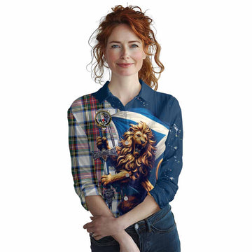 Dennistoun Tartan Family Crest Women's Casual Shirt with Scottish Majestic Lion Female - Tartan Vibes Clothing