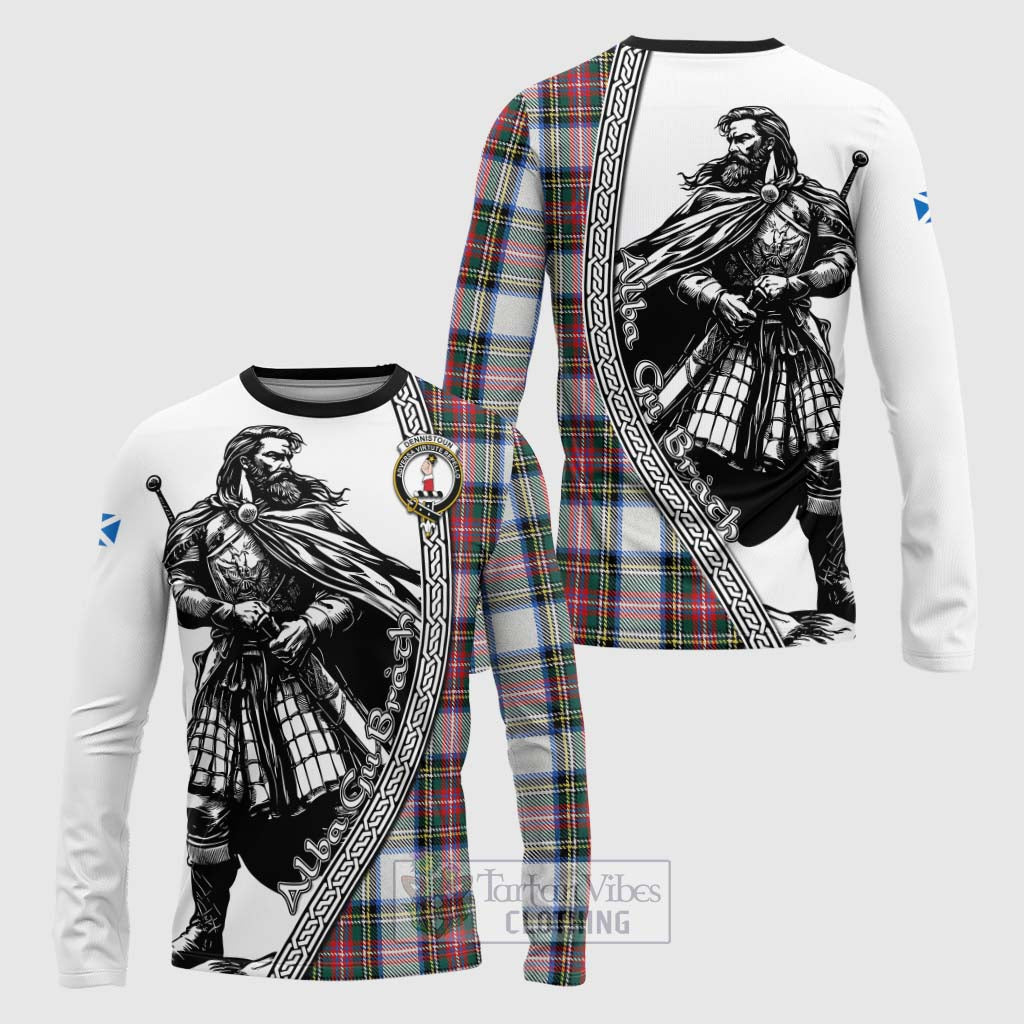 Dennistoun Tartan Clan Crest Long Sleeve T-Shirt with Highlander Warrior Celtic Style Unisex - Tartan Vibes Clothing