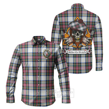 Dennistoun Tartan Long Sleeve Button Shirt with Family Crest and Bearded Skull Holding Bottles of Whiskey Men's Shirt S - Tartan Vibes Clothing