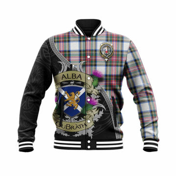 Dennistoun Tartan Family Crest Baseball Jacket Lion Rampant Royal Thistle Shield Celtic Inspired Unisex - Tartan Vibes Clothing