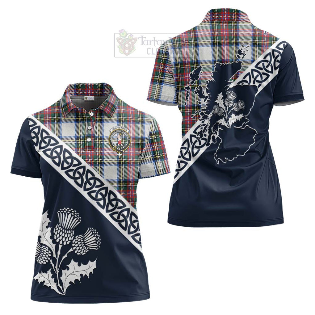 Dennistoun Tartan Women's Polo Shirt Featuring Thistle and Scotland Map Women - Tartanvibesclothing Store
