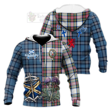 Dennistoun Tartan Knitted Hoodie Happy St. Andrew's Day Half Tartan Style Unisex Knitted Pullover Hoodie - Tartan Vibes Clothing