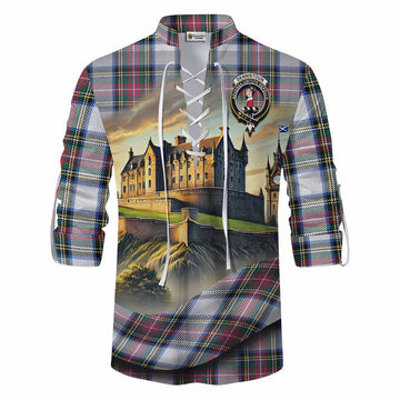 Dennistoun Tartan Family Crest Ghillie Kilt Shirt with Scottish Ancient Castle Style Men - Tartan Vibes Clothing