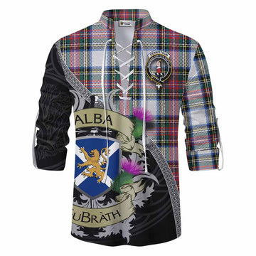 Dennistoun Tartan Family Crest Ghillie Kilt Shirt Lion Rampant Royal Thistle Shield Celtic Inspired Men - Tartan Vibes Clothing