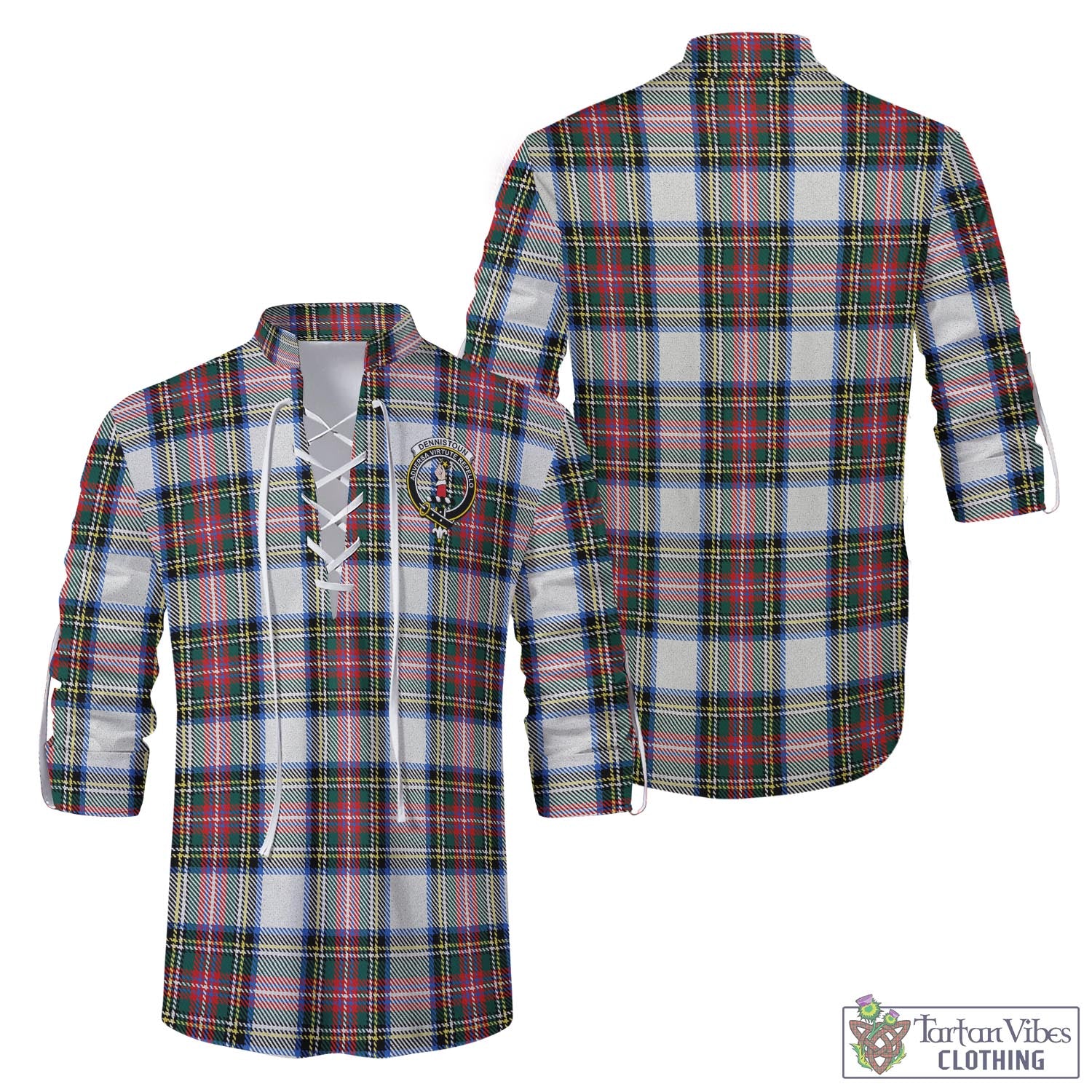 Tartan Vibes Clothing Dennistoun Tartan Men's Scottish Traditional Jacobite Ghillie Kilt Shirt with Family Crest