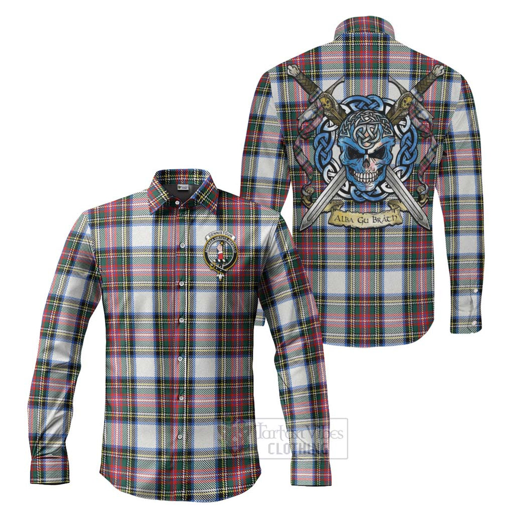 Dennistoun Tartan Long Sleeve Button Shirt with Family Crest Celtic Skull Style Men's Shirt S - Tartan Vibes Clothing