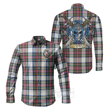 Dennistoun Tartan Long Sleeve Button Shirt with Family Crest Celtic Skull Style Men's Shirt S - Tartan Vibes Clothing