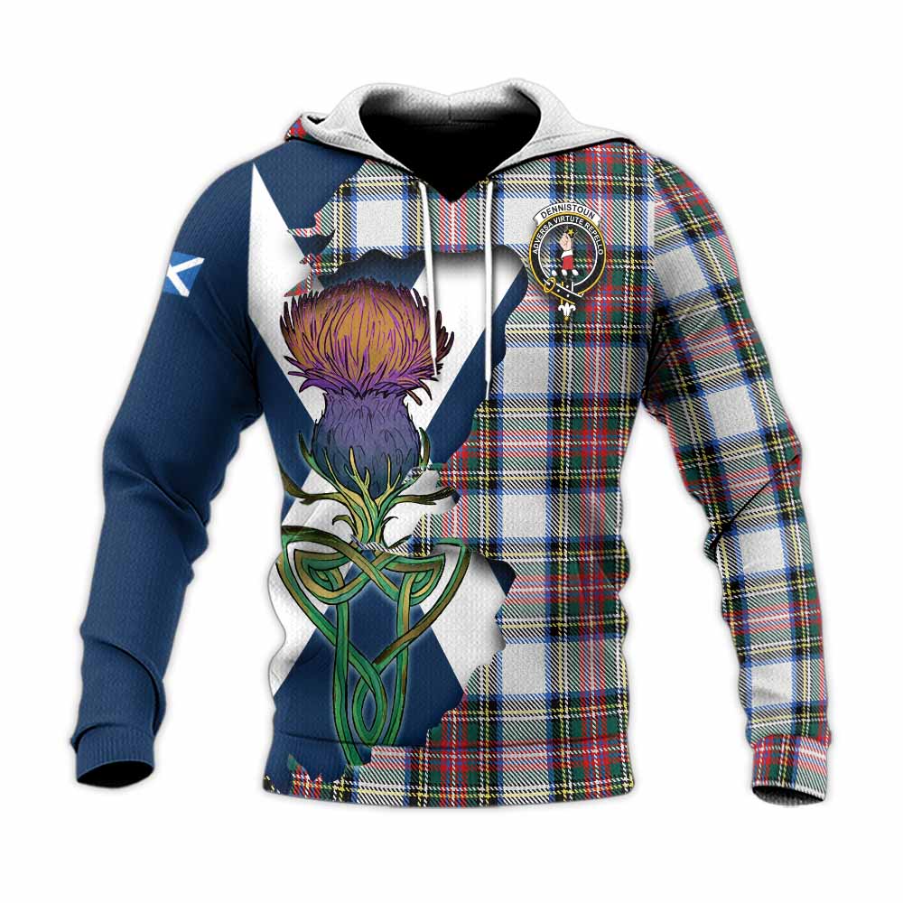 Dennistoun Tartan Family Crest Knitted Hoodie Scottish Thistle Celtic Inspired Unisex Knitted Pullover Hoodie - Tartan Vibes Clothing