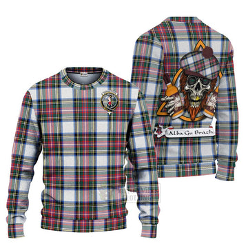 Dennistoun Tartan Ugly Sweater with Family Crest and Bearded Skull Holding Bottles of Whiskey Unisex - Tartan Vibes Clothing