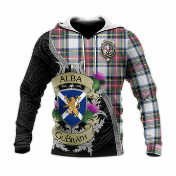 Dennistoun Tartan Family Crest Knitted Hoodie Lion Rampant Royal Thistle Shield Celtic Inspired Unisex Knitted Pullover Hoodie - Tartan Vibes Clothing