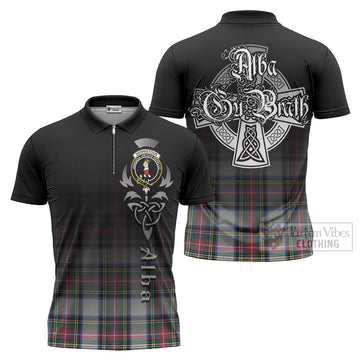 Dennistoun Tartan Zipper Polo Shirt Featuring Alba Gu Brath Family Crest Celtic Inspired Unisex - Tartan Vibes Clothing