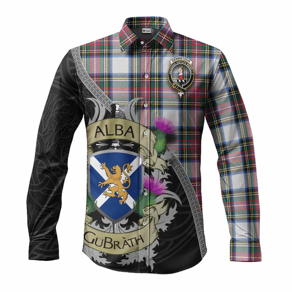 Dennistoun Tartan Family Crest Long Sleeve Button Shirt Lion Rampant Royal Thistle Shield Celtic Inspired Men's Shirt S - Tartan Vibes Clothing