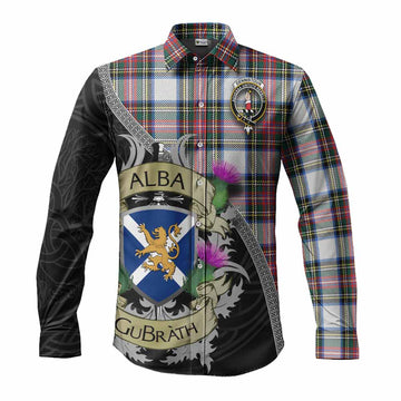 Tartan Vibes Clothing Dennistoun Tartan Family Crest Long Sleeve Button Shirt Lion Rampant Royal Thistle Shield Celtic Inspired