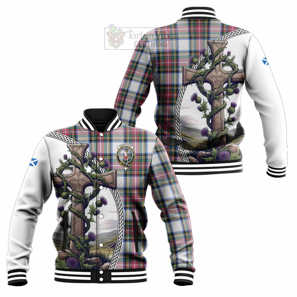 Dennistoun Tartan Baseball Jacket with Family Crest and St. Andrew's Cross Accented by Thistle Vines Unisex - Tartan Vibes Clothing
