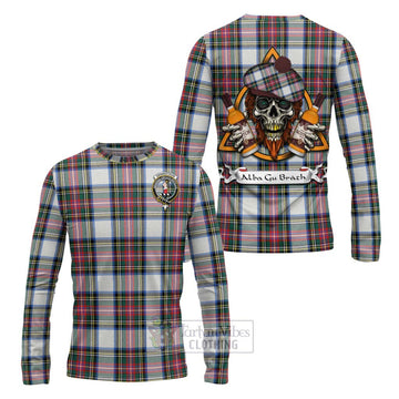 Dennistoun Tartan Long Sleeve T-Shirt with Family Crest and Bearded Skull Holding Bottles of Whiskey Unisex - Tartan Vibes Clothing