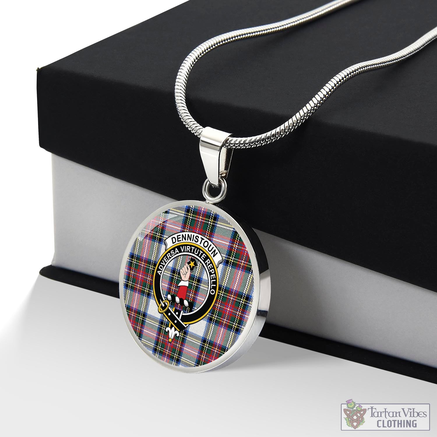 Dennistoun Tartan Circle Necklace with Family Crest Luxury Necklace (Silver) No - Tartan Vibes Clothing