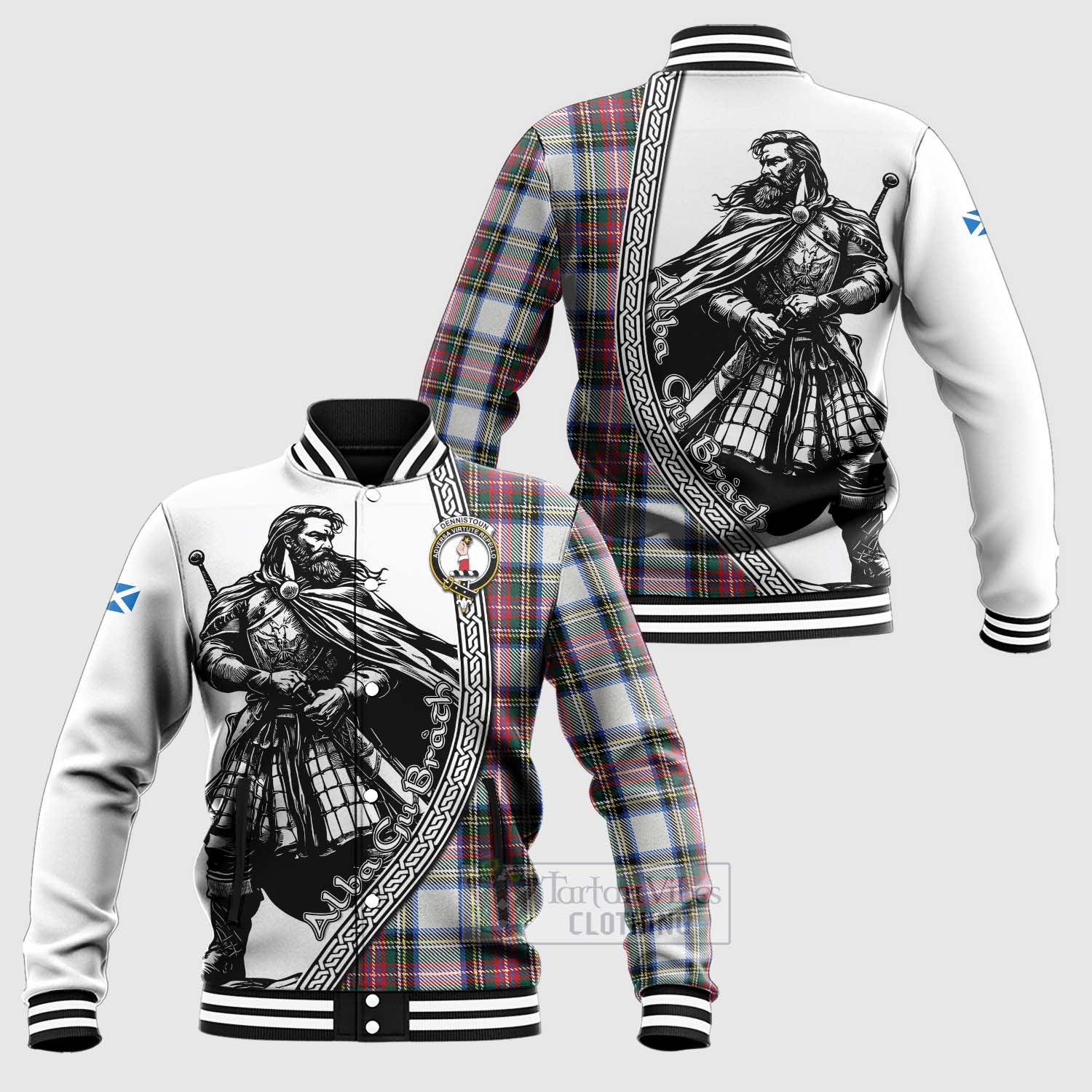 Dennistoun Tartan Clan Crest Baseball Jacket with Highlander Warrior Celtic Style Unisex - Tartan Vibes Clothing