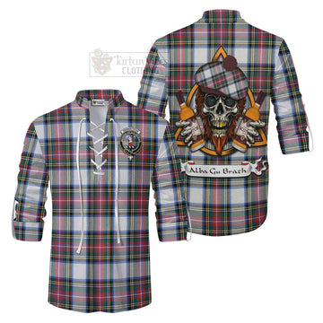 Dennistoun Tartan Ghillie Kilt Shirt with Family Crest and Bearded Skull Holding Bottles of Whiskey Men - Tartan Vibes Clothing