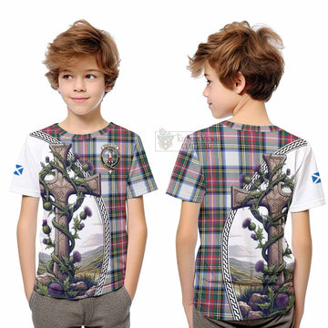 Dennistoun Tartan Kid T-Shirt with Family Crest and St. Andrew's Cross Accented by Thistle Vines