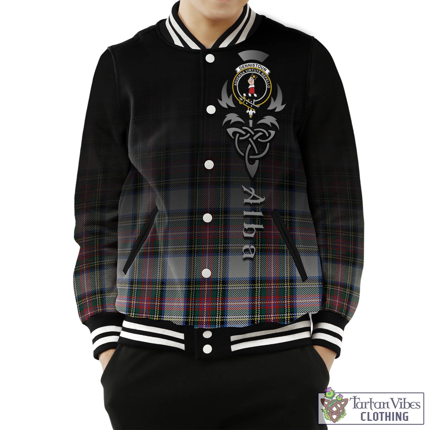 Dennistoun Tartan Baseball Jacket Featuring Alba Gu Brath Family Crest Celtic Inspired Unisex - Tartan Vibes Clothing