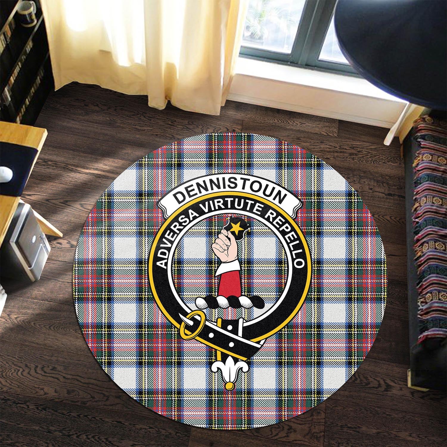 Dennistoun Tartan Round Rug with Family Crest Premium Round Rug - Tartan Vibes Clothing