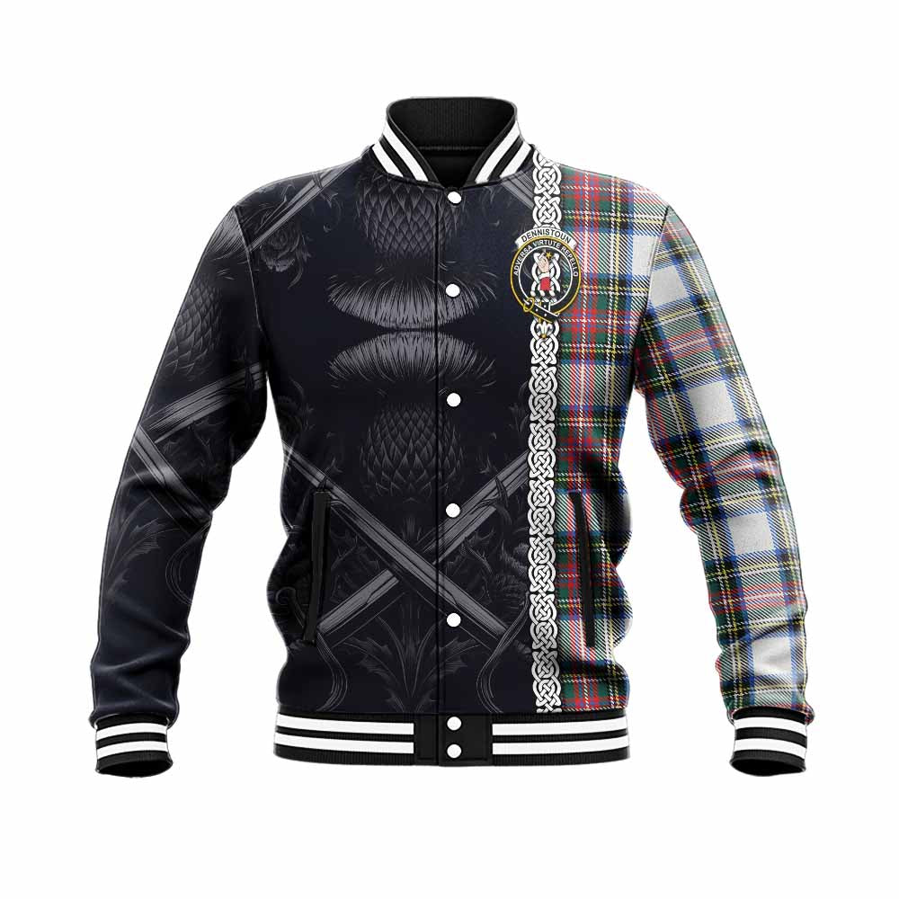 Dennistoun Tartan Baseball Jacket with Family Crest Cross Sword Thistle Celtic Vibes Unisex - Tartan Vibes Clothing