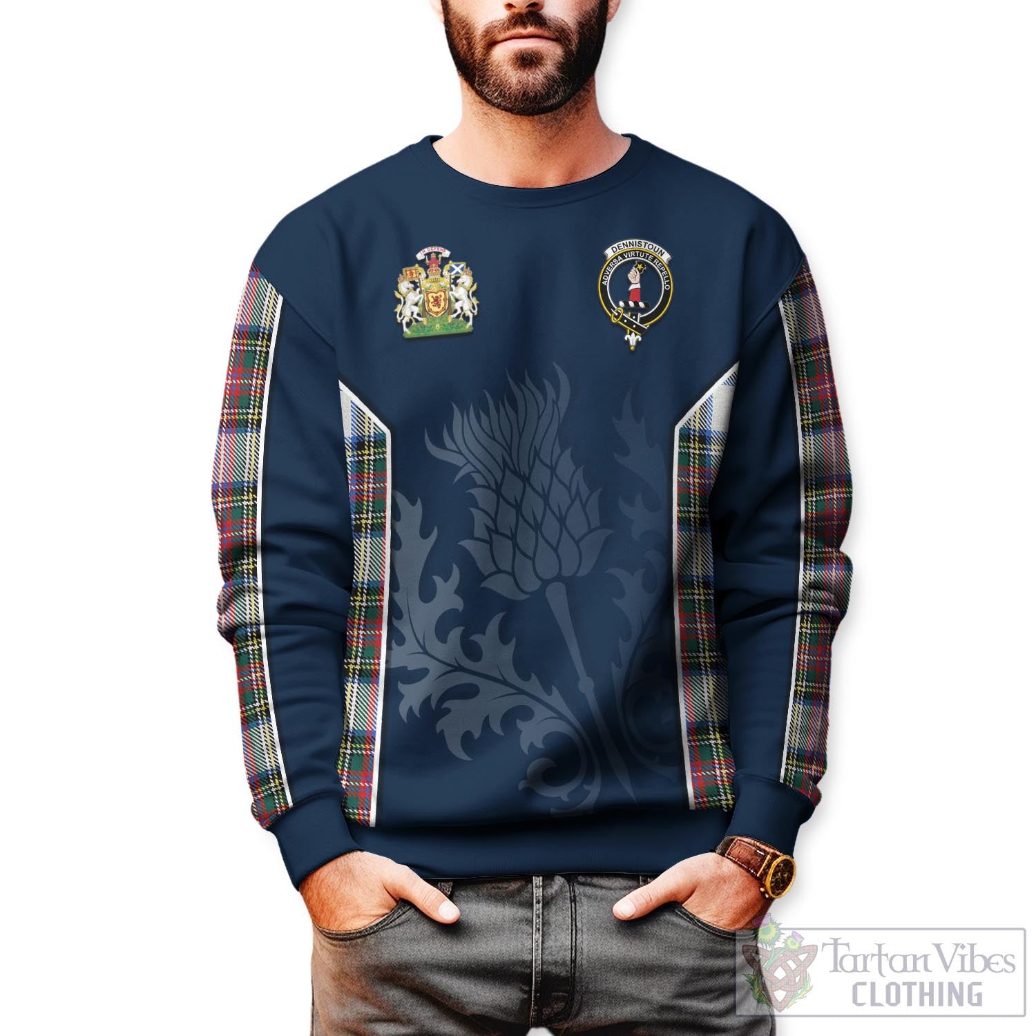 Dennistoun Tartan Sweatshirt with Family Crest and Scottish Thistle Vibes Sport Style Unisex - Tartan Vibes Clothing