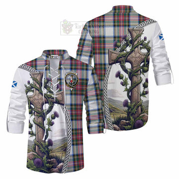 Dennistoun Tartan Ghillie Kilt Shirt with Family Crest and St. Andrew's Cross Accented by Thistle Vines