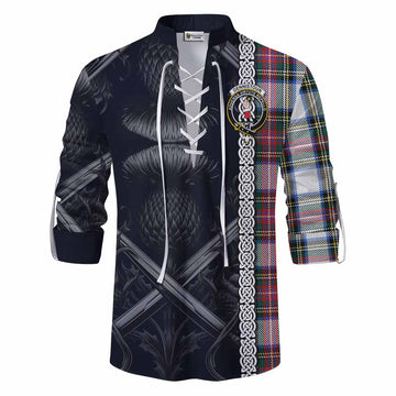 Dennistoun Tartan Ghillie Kilt Shirt with Family Crest Cross Sword Thistle Celtic Vibes Men - Tartan Vibes Clothing