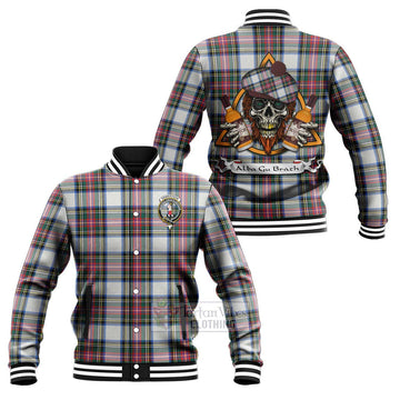 Dennistoun Tartan Baseball Jacket with Family Crest and Bearded Skull Holding Bottles of Whiskey Unisex - Tartan Vibes Clothing