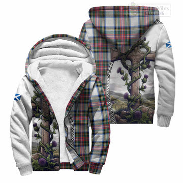 Dennistoun Tartan Sherpa Hoodie with Family Crest and St. Andrew's Cross Accented by Thistle Vines Unisex S - Tartan Vibes Clothing