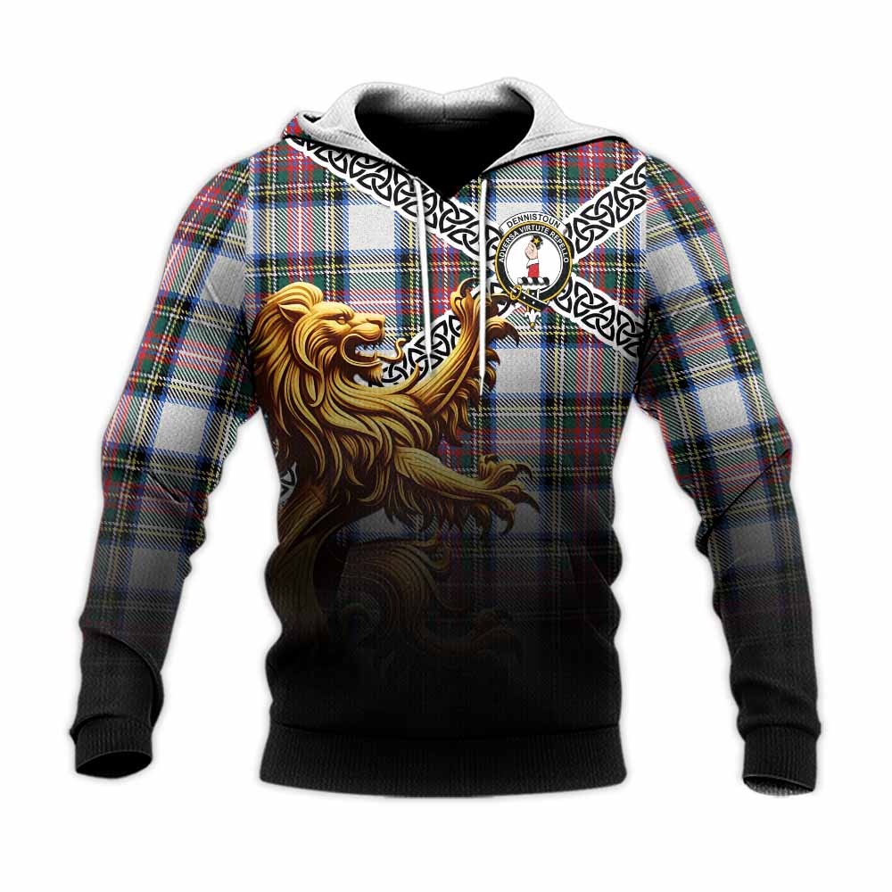 Dennistoun Crest Tartan Knitted Hoodie with Golden Lion Emblem Celtic Style Unisex Knitted Pullover Hoodie - Tartan Vibes Clothing