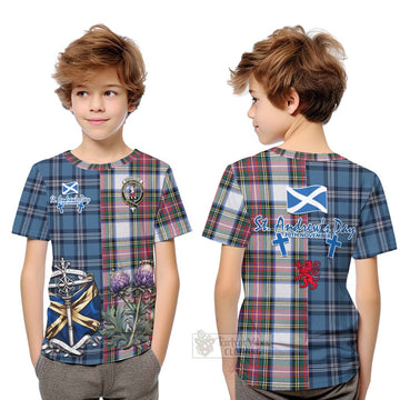 Dennistoun Tartan Kid T-Shirt Happy St. Andrew's Day Half Tartan Style Youth XL Size14 - Tartan Vibes Clothing