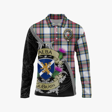 Dennistoun Tartan Family Crest Long Sleeve Polo Shirt Lion Rampant Royal Thistle Shield Celtic Inspired Unisex - Tartan Vibes Clothing