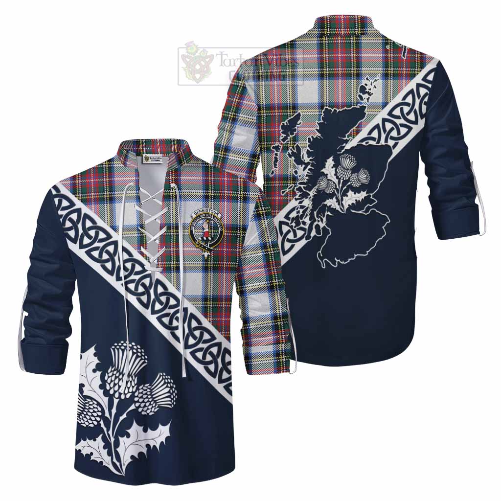 Dennistoun Tartan Ghillie Kilt Shirt Featuring Thistle and Scotland Map Men - Tartan Vibes Clothing