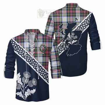 Dennistoun Tartan Ghillie Kilt Shirt Featuring Thistle and Scotland Map Men - Tartan Vibes Clothing