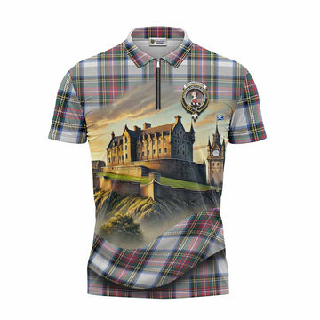 Dennistoun Tartan Family Crest Zipper Polo Shirt with Scottish Ancient Castle Style Unisex - Tartan Vibes Clothing