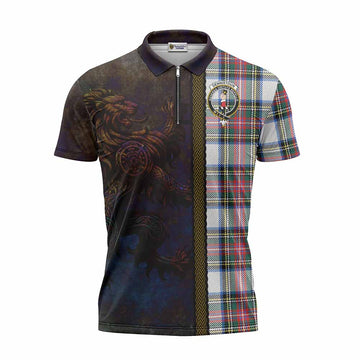 Dennistoun Tartan Family Crest Zipper Polo Shirt Alba Gu Brath Be Brave Lion Ancient Style Unisex - Tartan Vibes Clothing