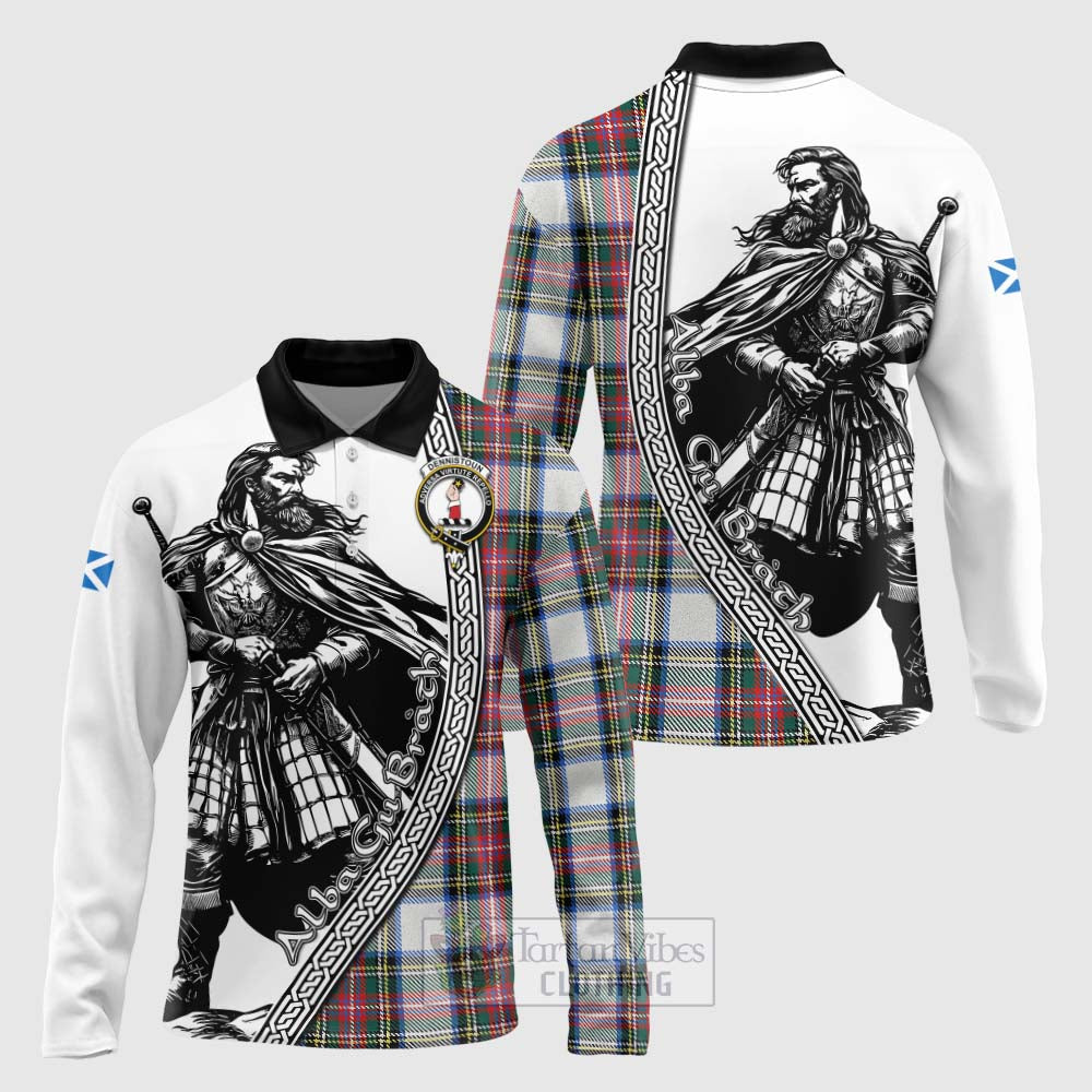Dennistoun Tartan Clan Crest Long Sleeve Polo Shirt with Highlander Warrior Celtic Style Unisex - Tartan Vibes Clothing