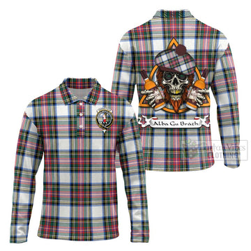 Dennistoun Tartan Long Sleeve Polo Shirt with Family Crest and Bearded Skull Holding Bottles of Whiskey Unisex - Tartan Vibes Clothing