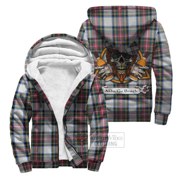 Dennistoun Tartan Sherpa Hoodie with Family Crest and Bearded Skull Holding Bottles of Whiskey Unisex S - Tartan Vibes Clothing