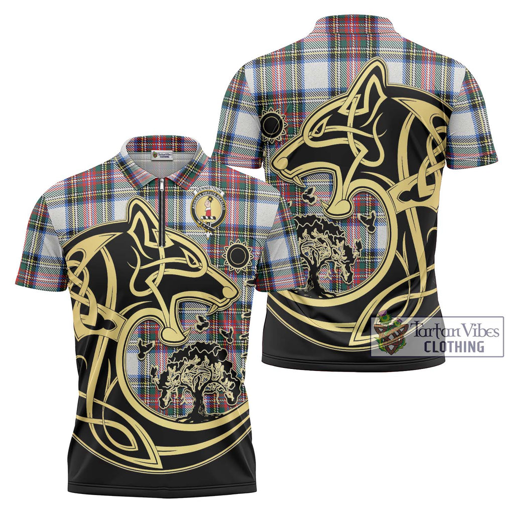Dennistoun Tartan Zipper Polo Shirt with Family Crest Celtic Wolf Style Unisex - Tartan Vibes Clothing