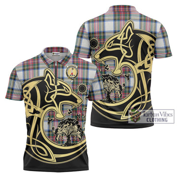 Dennistoun Tartan Zipper Polo Shirt with Family Crest Celtic Wolf Style Unisex - Tartan Vibes Clothing