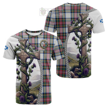 Dennistoun Tartan Cotton T-shirt with Family Crest and St. Andrew's Cross Accented by Thistle Vines